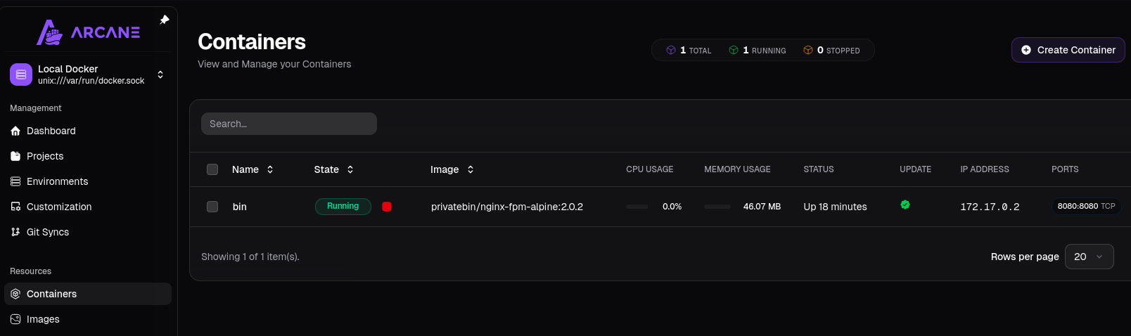 Panel de contenedores de Arcane