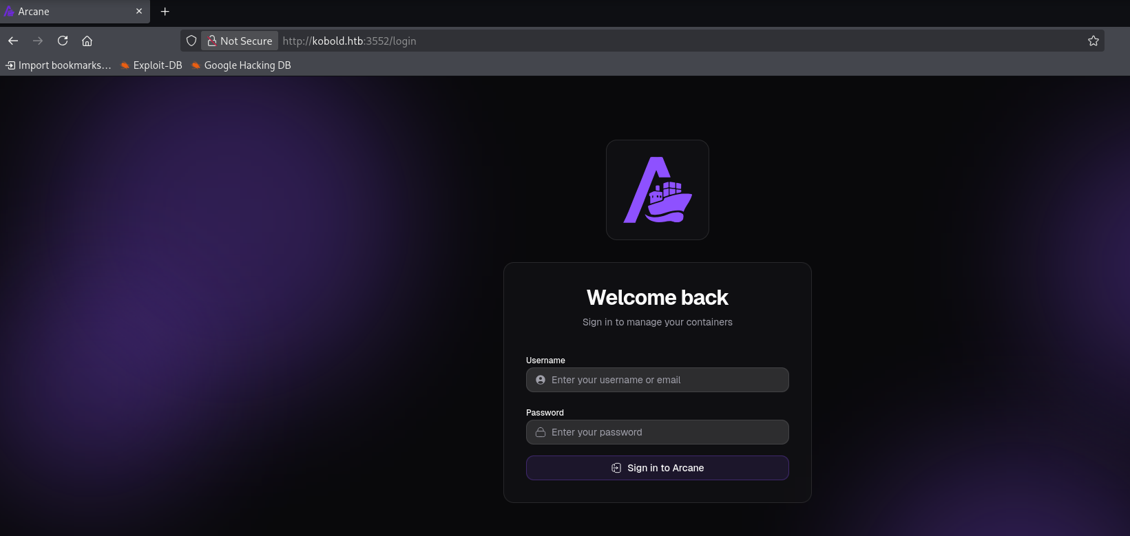 Pantalla de acceso a Arcane
